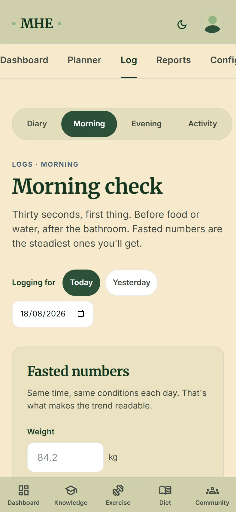 The food diary in the app on a phone, showing the day against plan