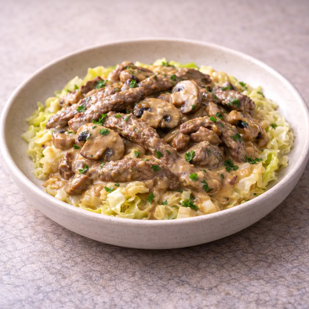 Beef Stroganoff with Cabbage Ribbons