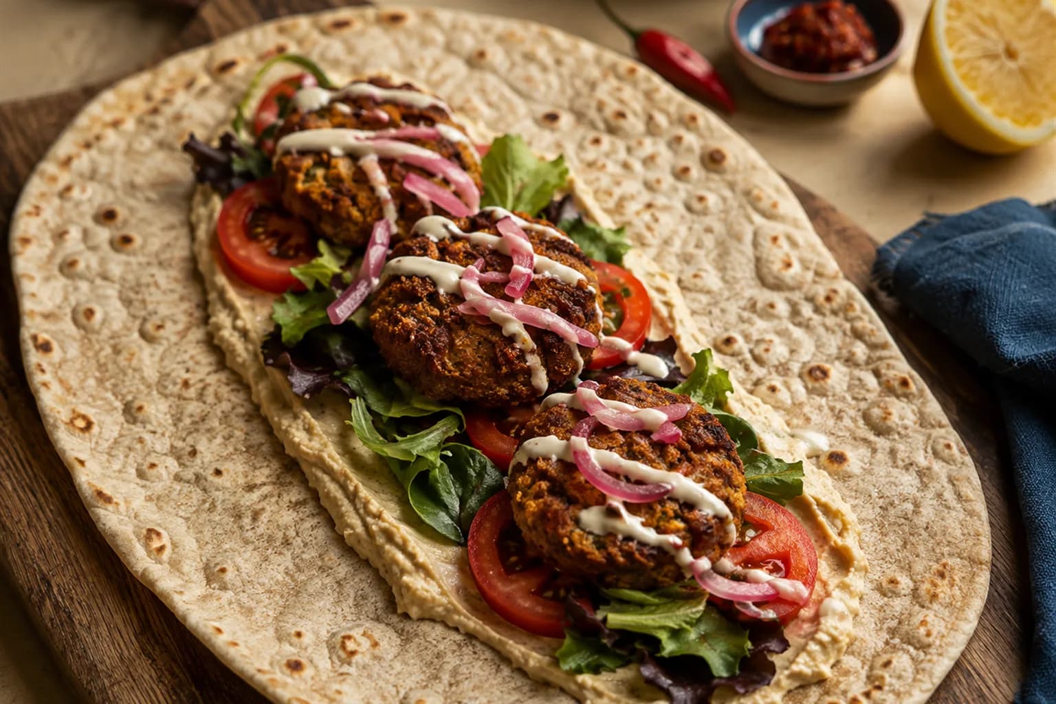 Harissa Falafel and Hummus Wrap