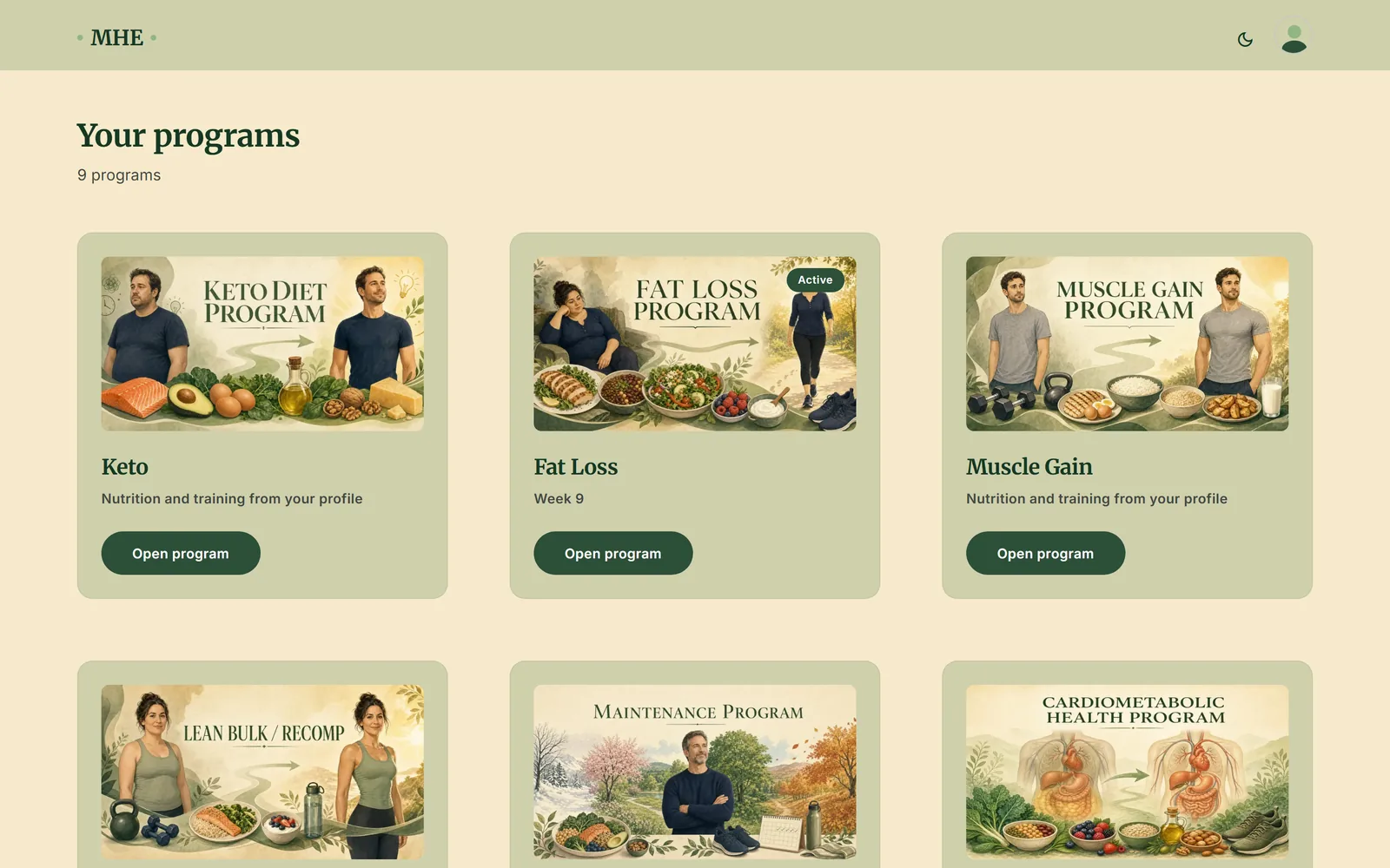 The My Health Engineer program catalogue showing all nine programs