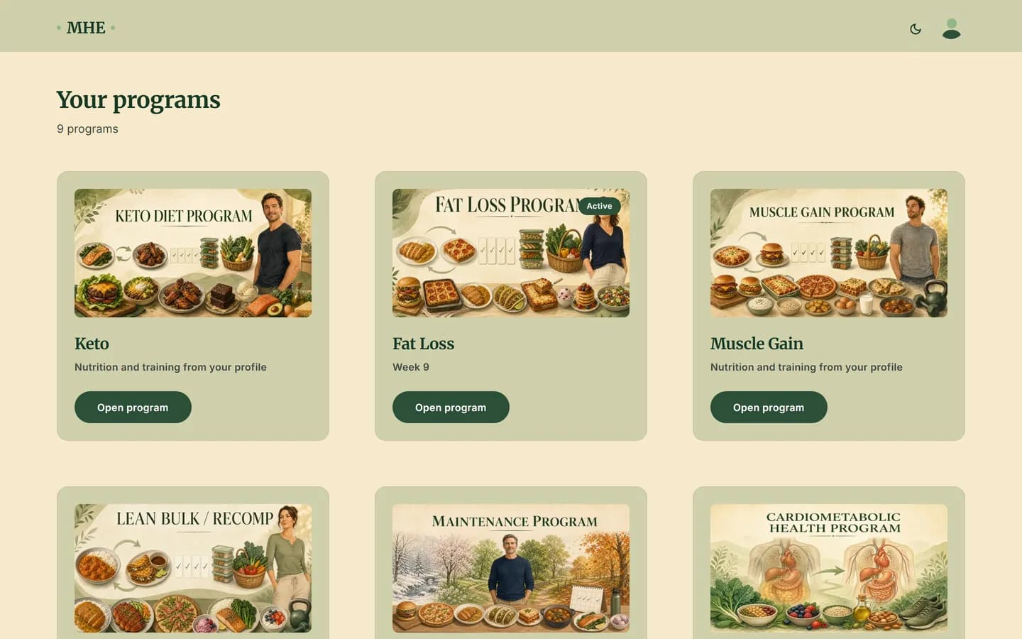 The My Health Engineer program catalogue showing all nine programs