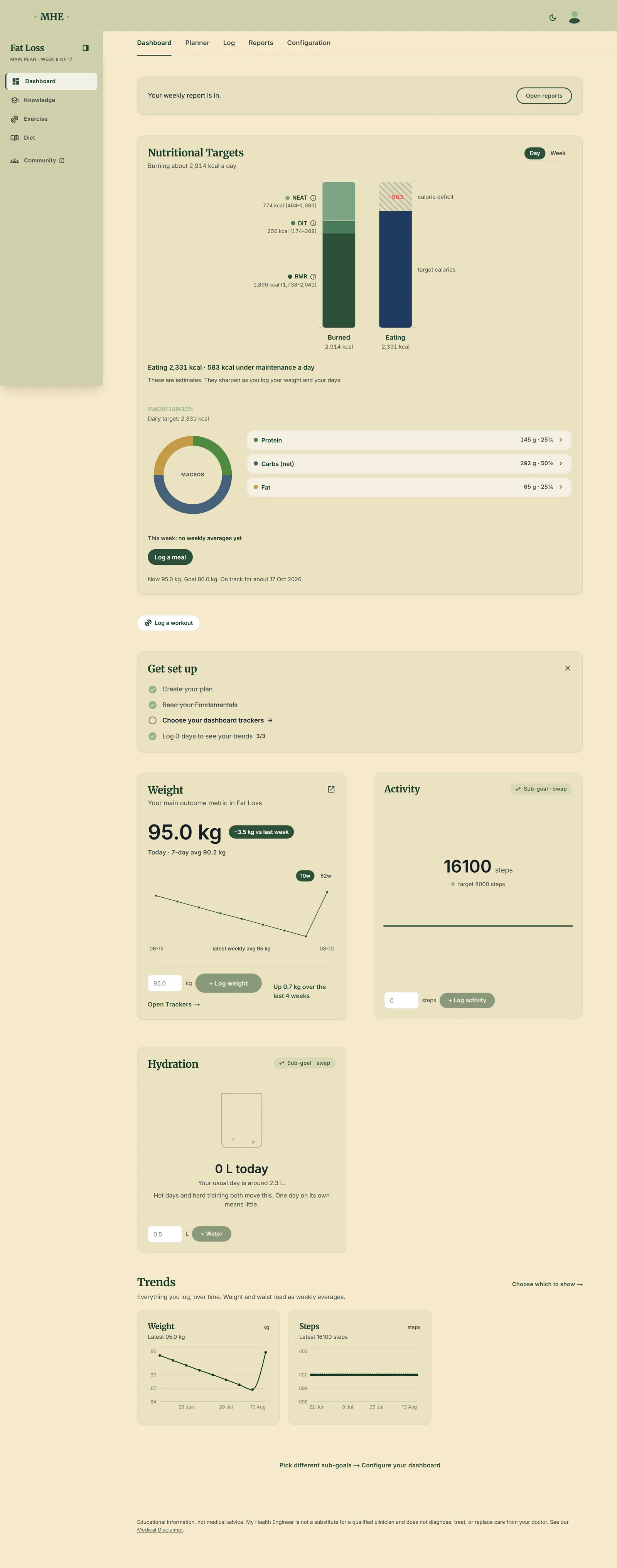 The program dashboard in the app, showing energy balance, adherence and weekly trends