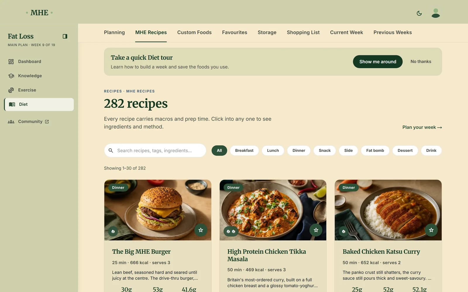 The recipe library in the app, filtered to the Fat Loss program