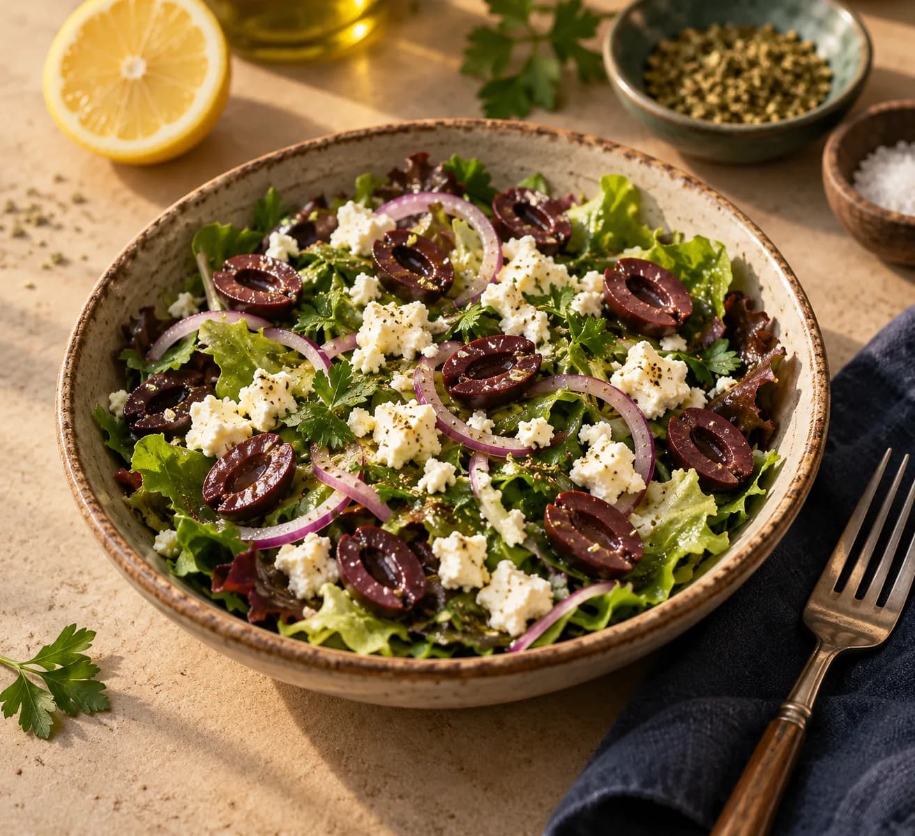 Greek Leafy Herb Salad with Olives and Feta