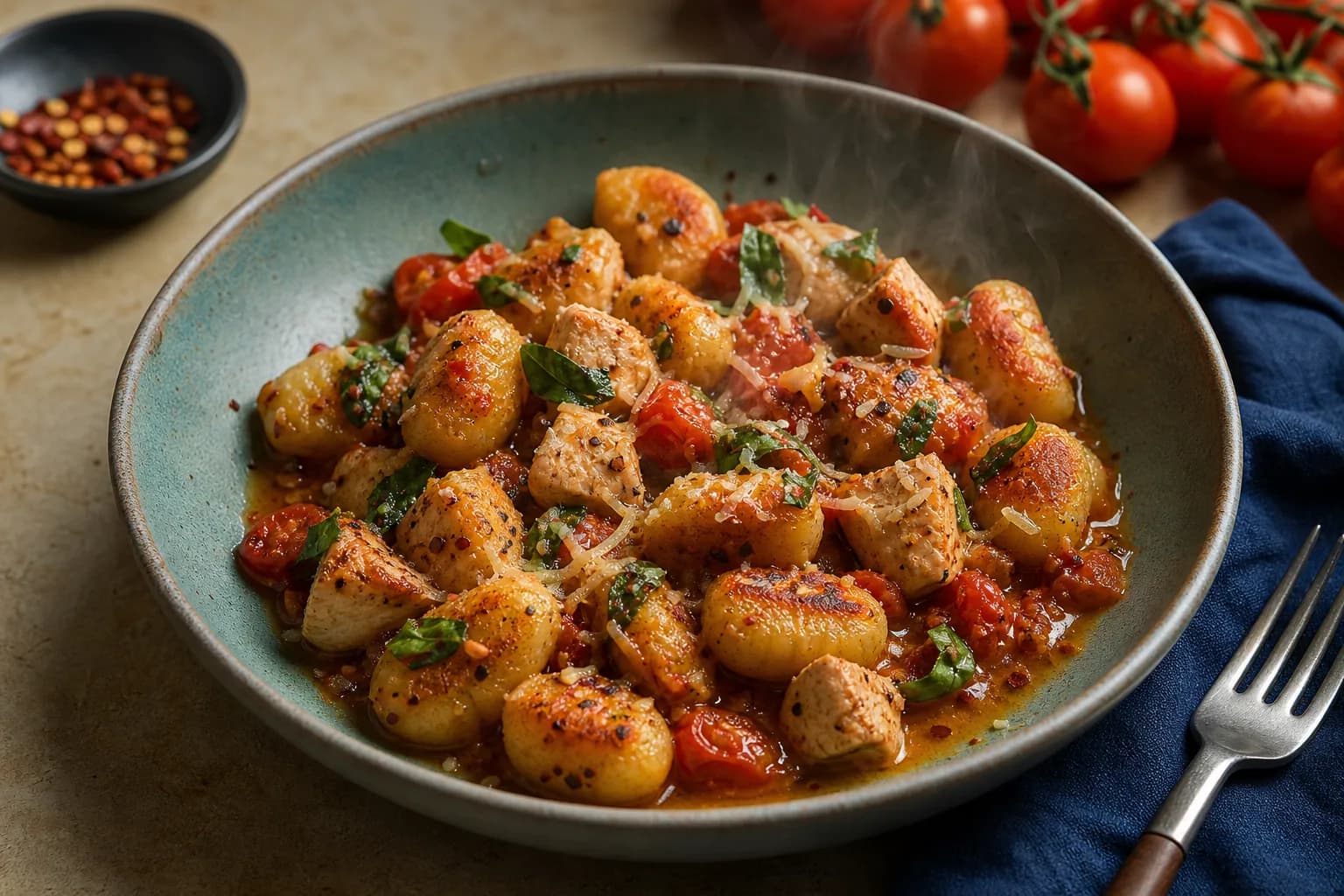 Crispy Gnocchi with Chicken and Cherry Tomato