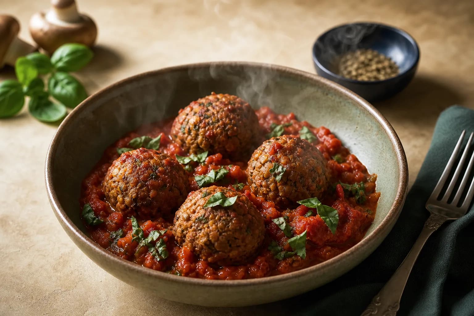 Lentil and Mushroom Meatless Balls in Tomato Sauce